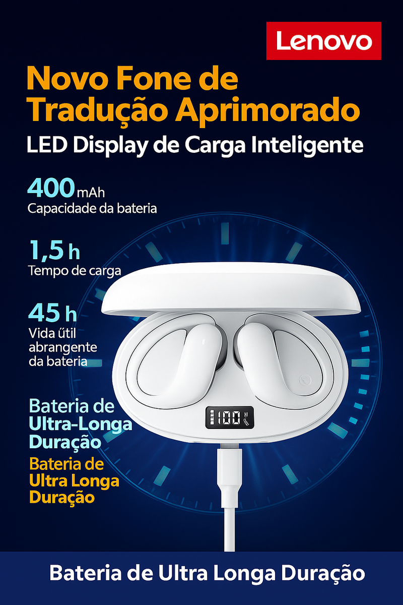 Lenovo XT55 Fone Tradutor Inteligente Bluetooth 5.4 – Tradução em Tempo Real, Redução de Ruído e Chamadas HD