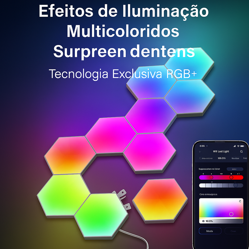 Luminária Inteligente Quantum Hexagonal RGB+ – Controle por APP, Wi-Fi, Bluetooth e Voz (Tuya Smart / Alexa / Google Assistant) | Painel Modular Neon LED para Parede DIY