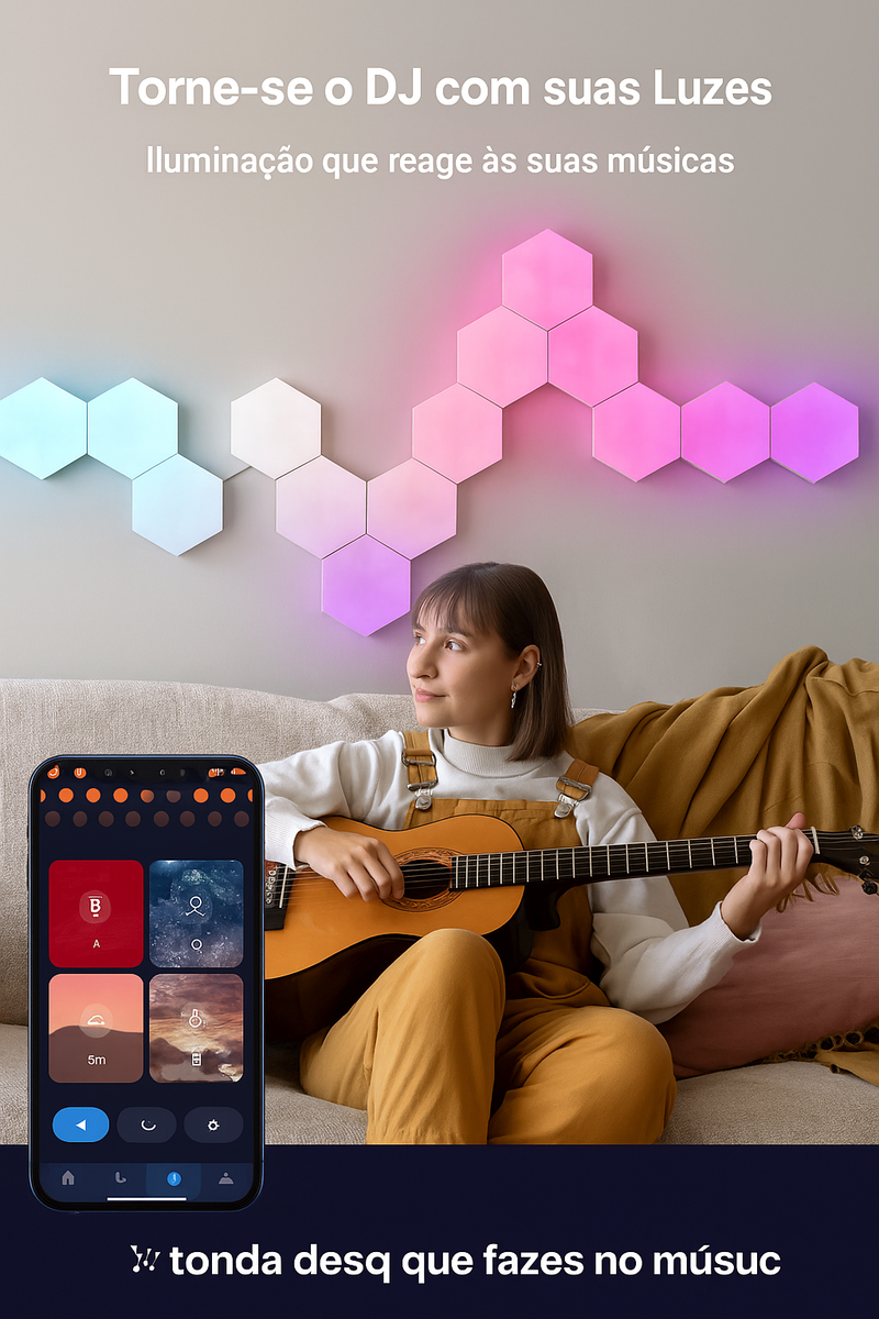 Luminária Inteligente Quantum Hexagonal RGB+ – Controle por APP, Wi-Fi, Bluetooth e Voz (Tuya Smart / Alexa / Google Assistant) | Painel Modular Neon LED para Parede DIY