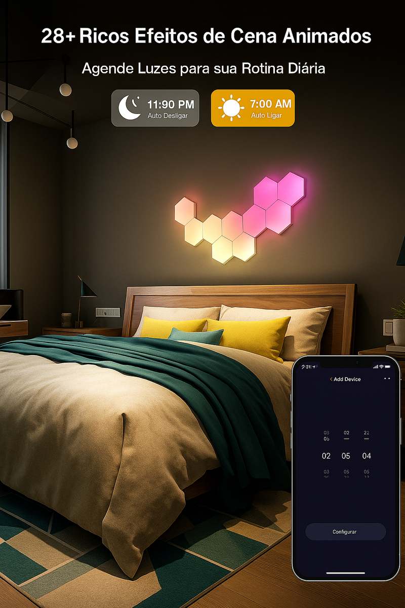 Luminária Inteligente Quantum Hexagonal RGB+ – Controle por APP, Wi-Fi, Bluetooth e Voz (Tuya Smart / Alexa / Google Assistant) | Painel Modular Neon LED para Parede DIY