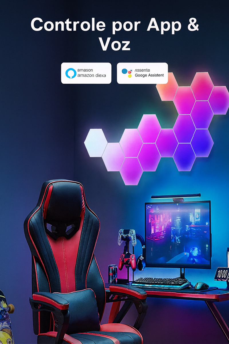 Luminária Inteligente Quantum Hexagonal RGB+ – Controle por APP, Wi-Fi, Bluetooth e Voz (Tuya Smart / Alexa / Google Assistant) | Painel Modular Neon LED para Parede DIY