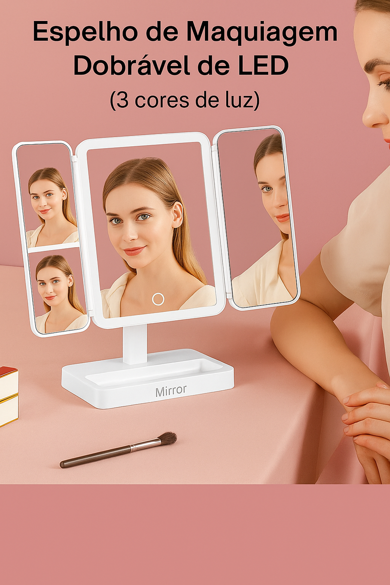 Espelho LED 3 Cores com Zoom 3x — Compacto, Dobrável e Recarregável