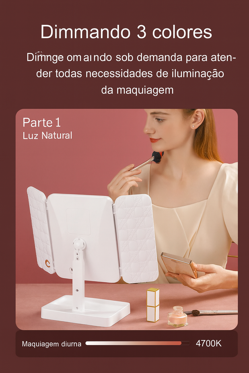 Espelho LED 3 Cores com Zoom 3x — Compacto, Dobrável e Recarregável