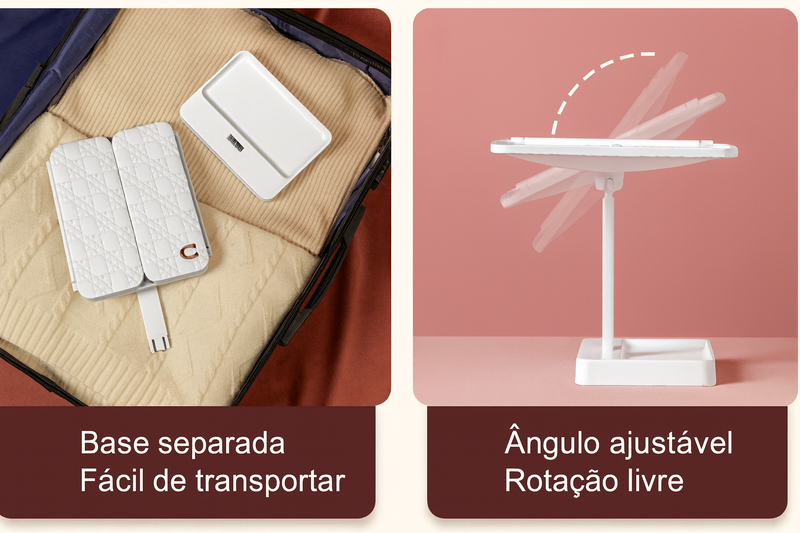 Espelho LED 3 Cores com Zoom 3x — Compacto, Dobrável e Recarregável