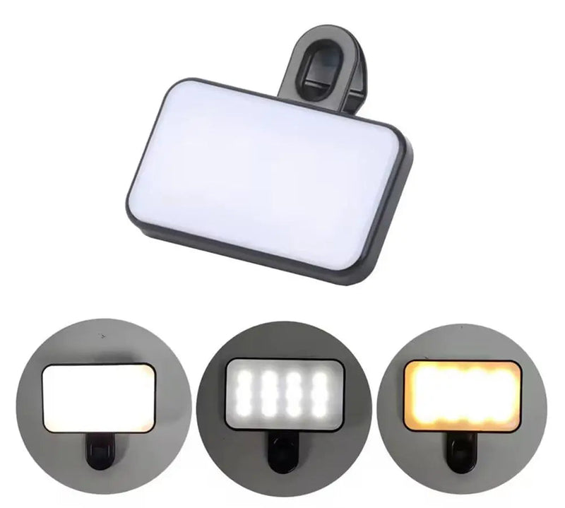 Luz de Selfie LED Portátil com Clipe – 3 Tons de Iluminação para Celular, Notebook e Vídeos