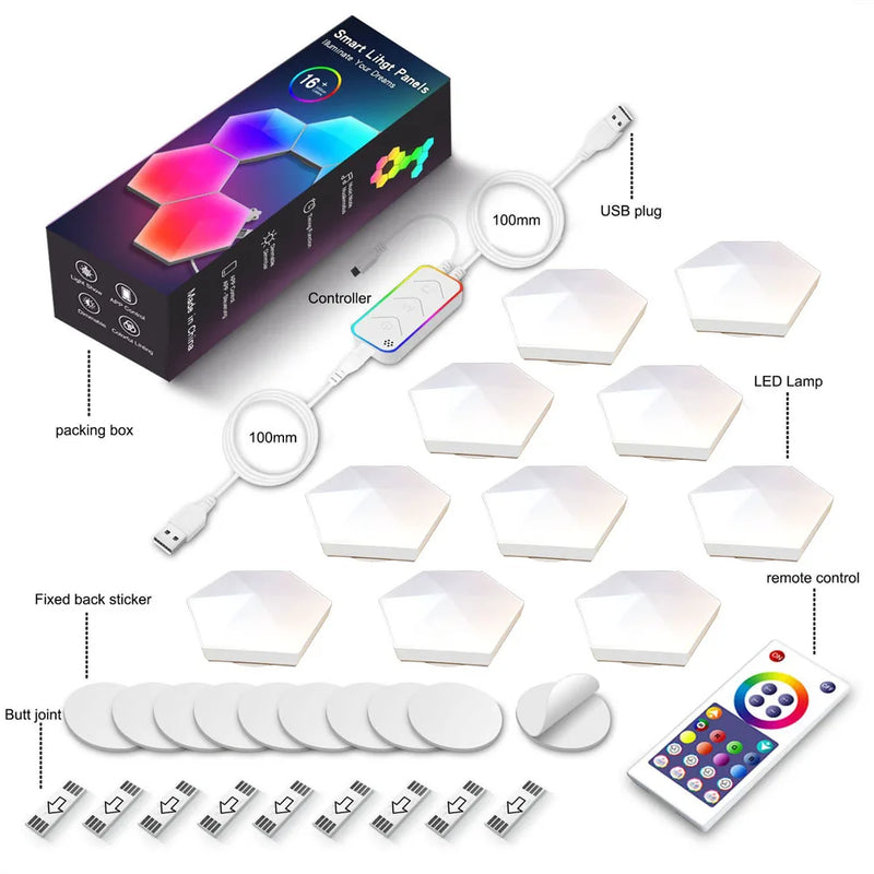 Luminária Inteligente Quantum Hexagonal RGB+ – Controle por APP, Wi-Fi, Bluetooth e Voz (Tuya Smart / Alexa / Google Assistant) | Painel Modular Neon LED para Parede DIY