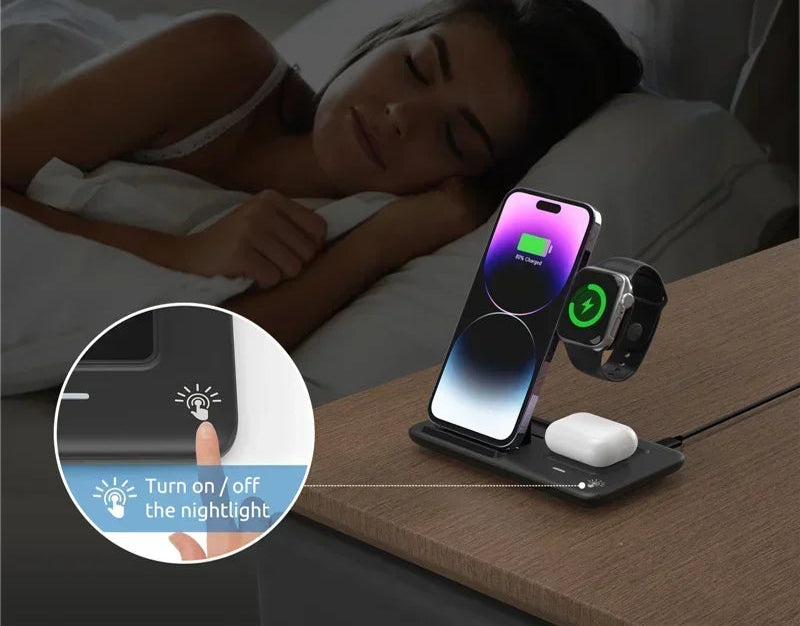 Carregador Sem Fio 3 em 1 Dobrável – iPhone, Apple Watch e AirPods | Rápido, Portátil e Seguro