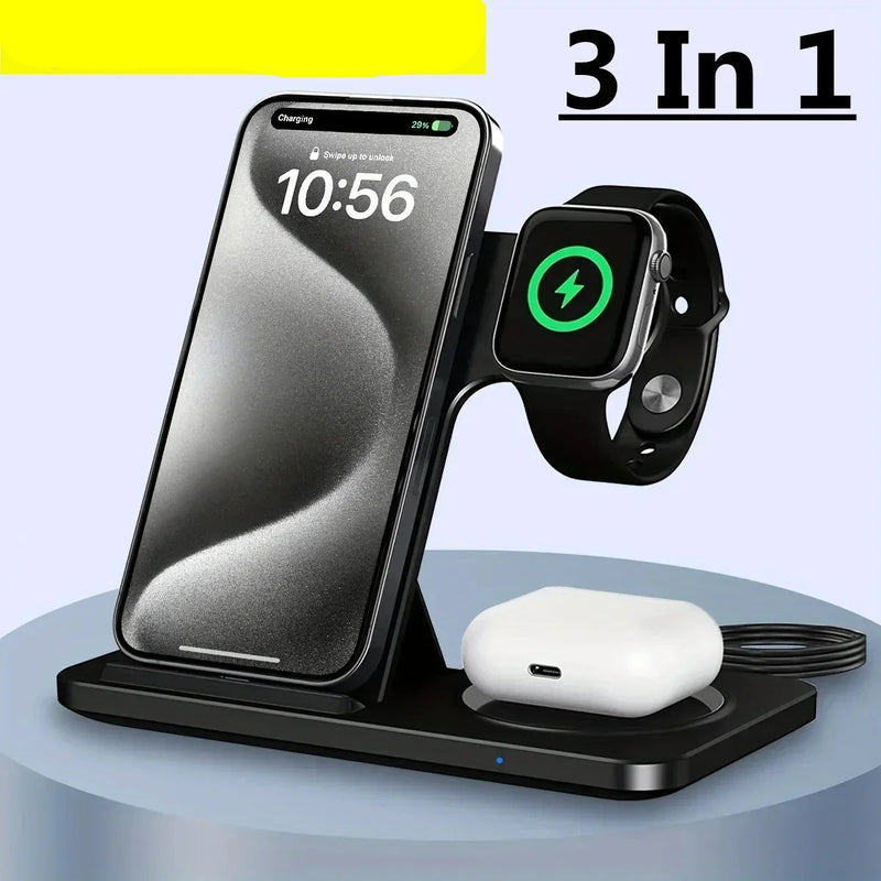 Carregador Sem Fio 3 em 1 Dobrável – iPhone, Apple Watch e AirPods | Rápido, Portátil e Seguro