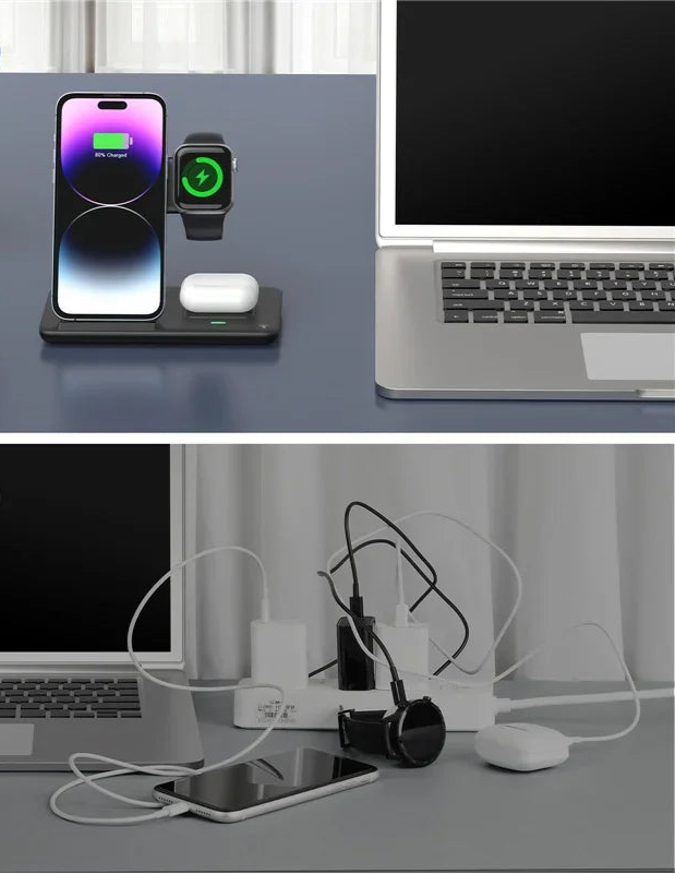 Carregador Sem Fio 3 em 1 Dobrável – iPhone, Apple Watch e AirPods | Rápido, Portátil e Seguro