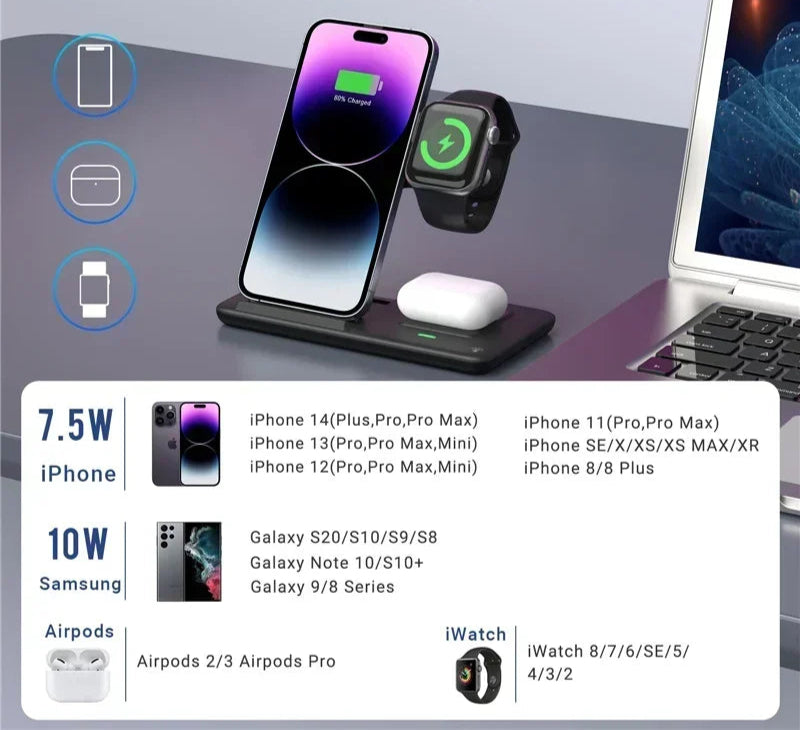 Carregador Sem Fio 3 em 1 Dobrável – iPhone, Apple Watch e AirPods | Rápido, Portátil e Seguro