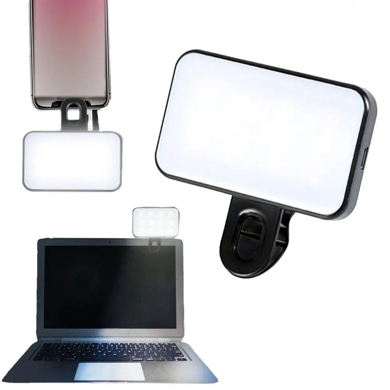 Luz de Selfie LED Portátil com Clipe – 3 Tons de Iluminação para Celular, Notebook e Vídeos