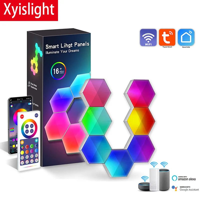 Luminária Inteligente Quantum Hexagonal RGB+ – Controle por APP, Wi-Fi, Bluetooth e Voz (Tuya Smart / Alexa / Google Assistant) | Painel Modular Neon LED para Parede DIY