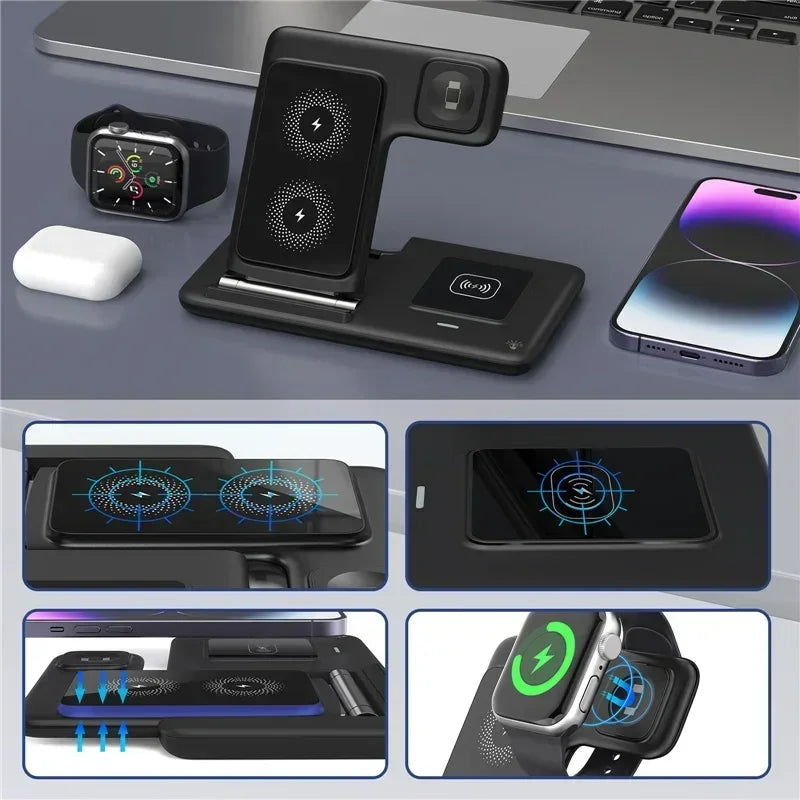 Carregador Sem Fio 3 em 1 Dobrável – iPhone, Apple Watch e AirPods | Rápido, Portátil e Seguro