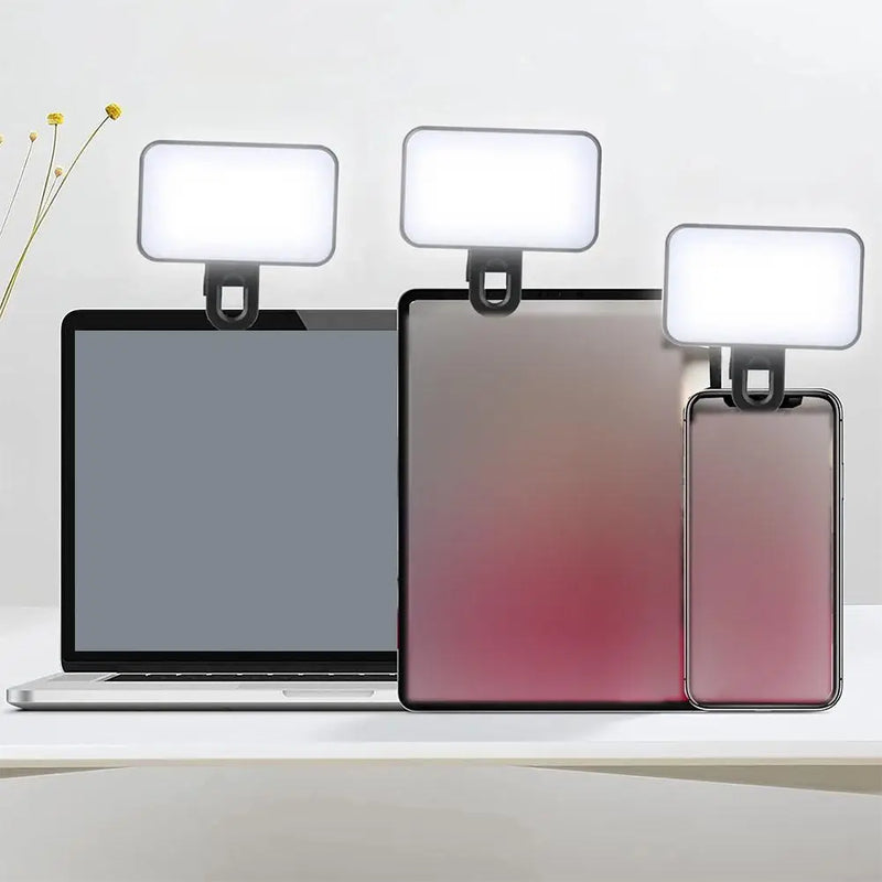 Luz de Selfie LED Portátil com Clipe – 3 Tons de Iluminação para Celular, Notebook e Vídeos