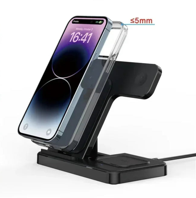 Carregador Sem Fio 3 em 1 Dobrável – iPhone, Apple Watch e AirPods | Rápido, Portátil e Seguro