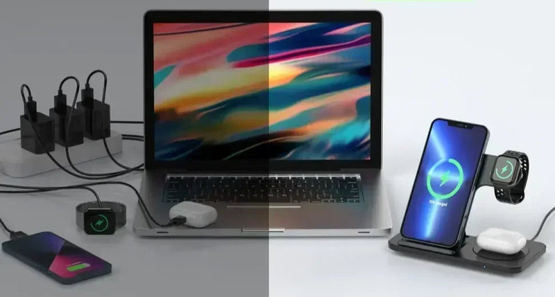 Carregador Sem Fio 3 em 1 Dobrável – iPhone, Apple Watch e AirPods | Rápido, Portátil e Seguro