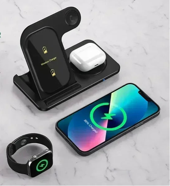 Carregador Sem Fio 3 em 1 Dobrável – iPhone, Apple Watch e AirPods | Rápido, Portátil e Seguro