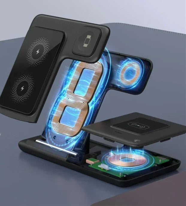 Carregador Sem Fio 3 em 1 Dobrável – iPhone, Apple Watch e AirPods | Rápido, Portátil e Seguro