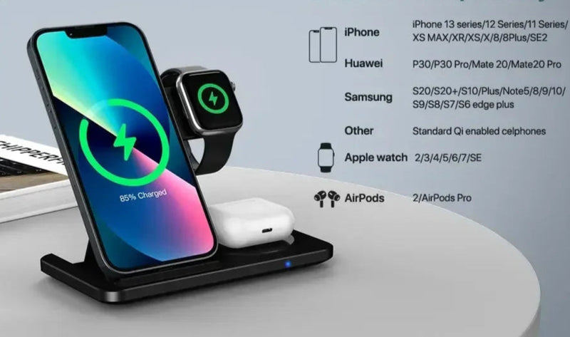 Carregador Sem Fio 3 em 1 Dobrável – iPhone, Apple Watch e AirPods | Rápido, Portátil e Seguro